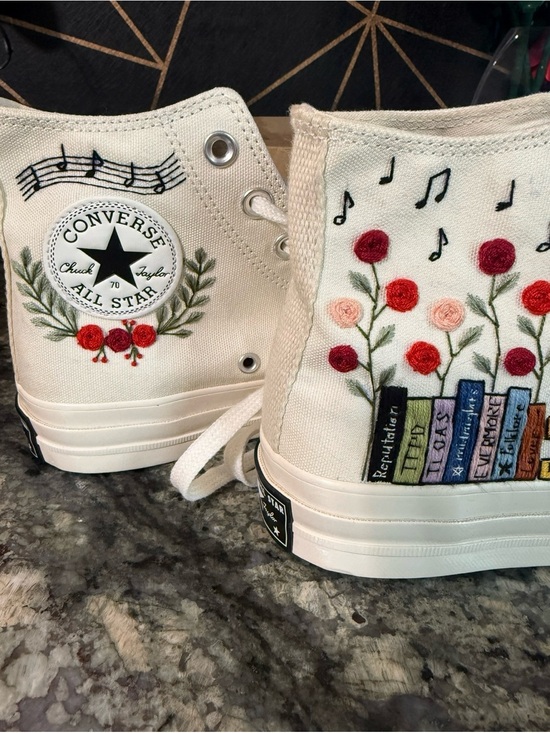 Converse Shoes - Converse White High-Top Sneakers with Hand-Painted Floral & Book Design. UNISEX